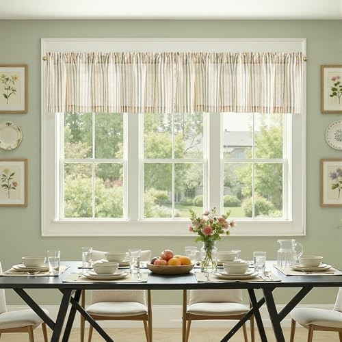 Valance Curtain 50″W x 16″L (Pack of 1) Boxter Stripe | Multi Green on Linen