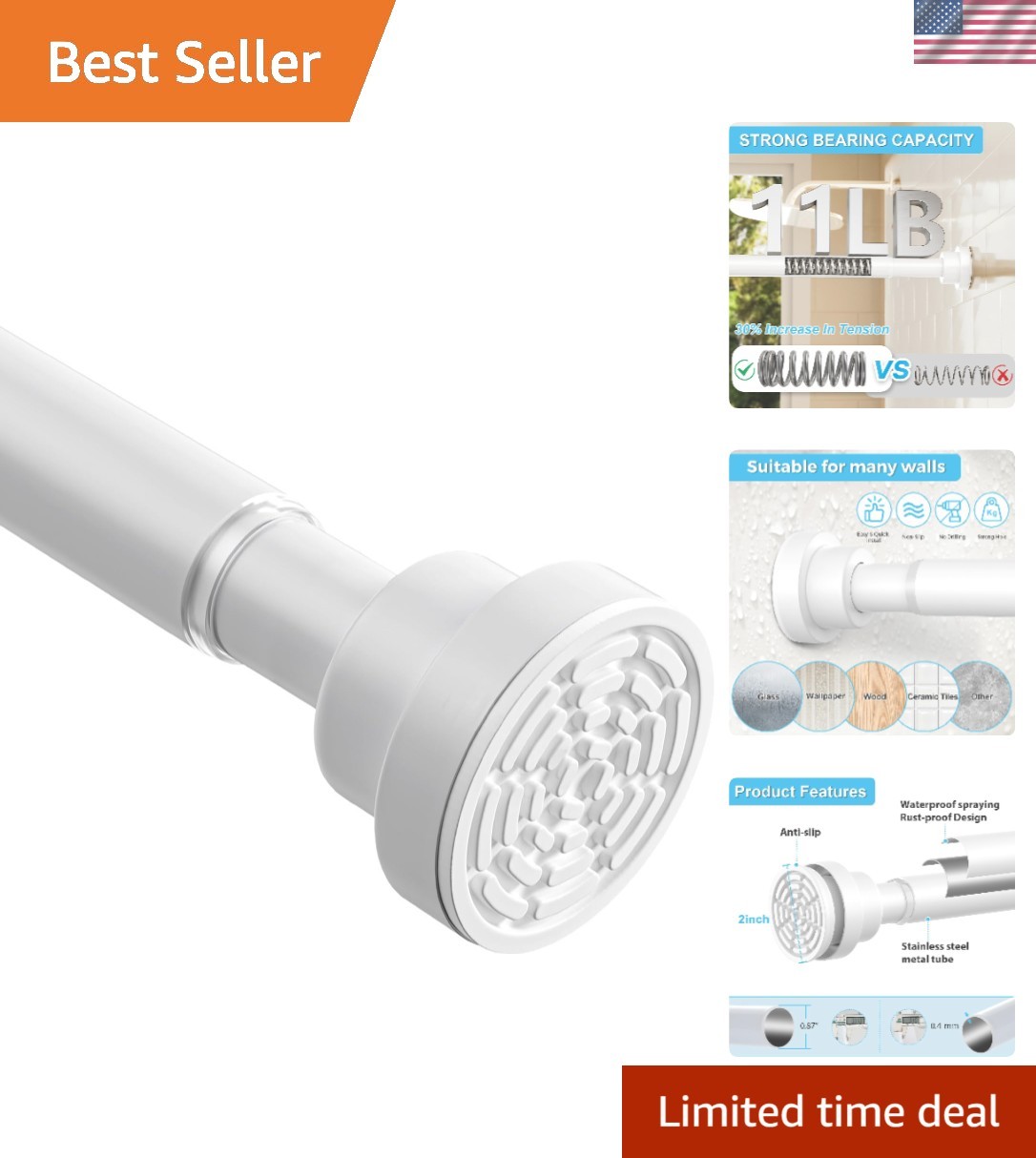 Tension Curtain Rod 30 To 63 Inch White Tension Rods Adjustable Spring Loaded…