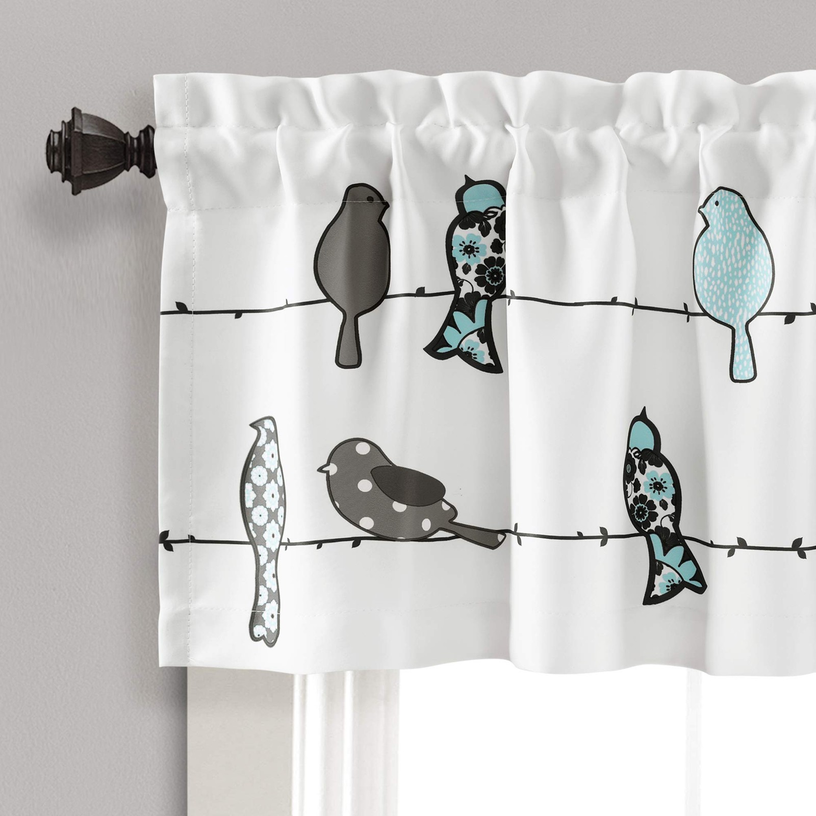 Light Filtering Bird Valance Curtain 52″ W x 18″ L – Blue Gray Floral Decor