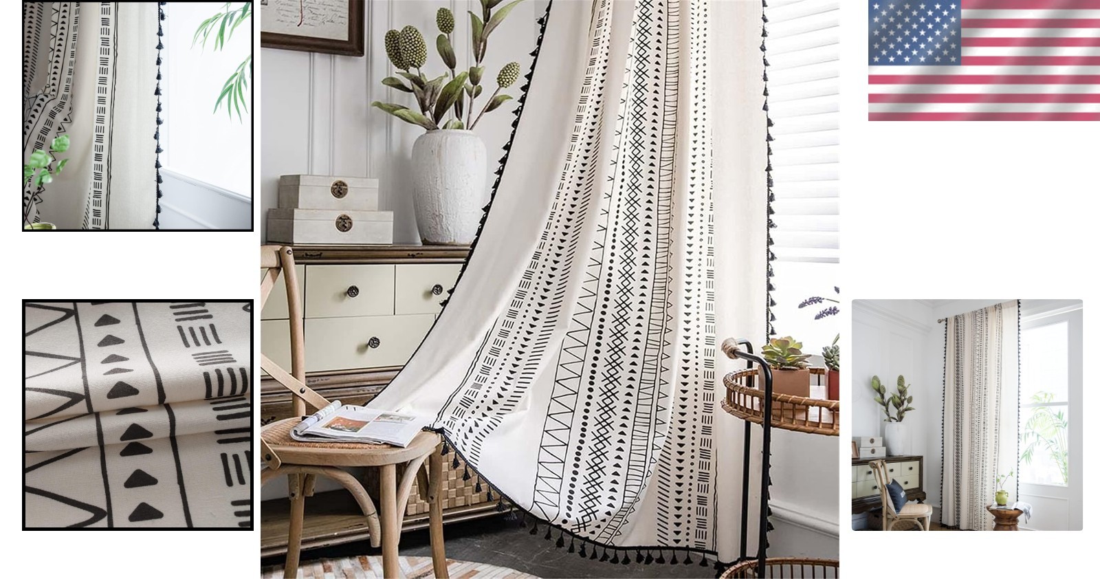 Bohemian Geometric Print Curtains 84” Long with Tassel – Cream & Black Elegance