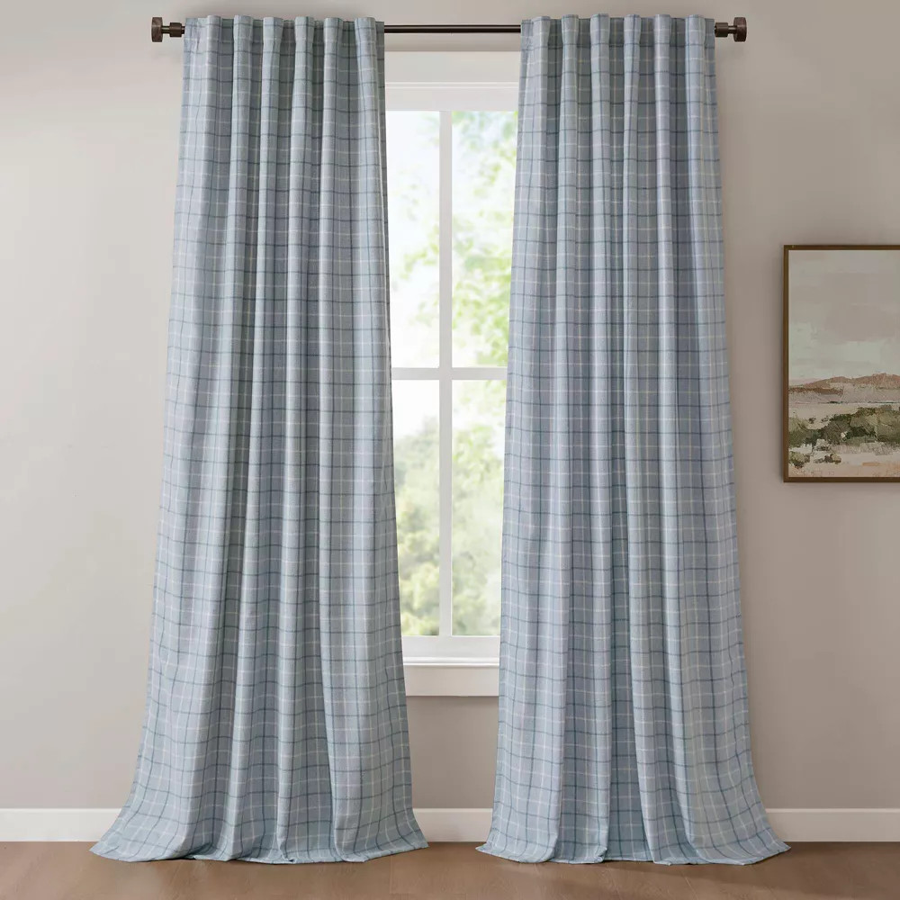 Fleece Lining Plaid Weave Window Curtain Panel Faux Leather Textured