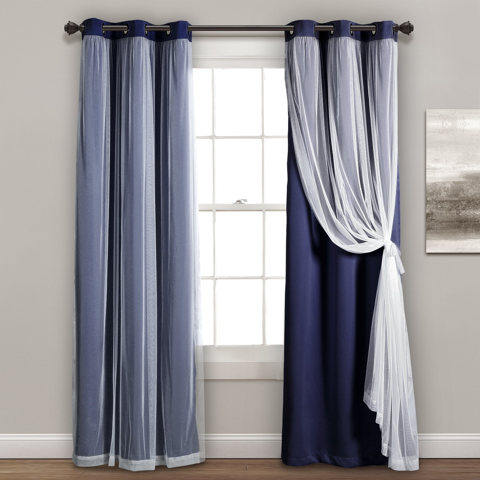 Lush Decor Sheer Grommet Curtains with Blackout Lining – 38″x108″ Navy Blue