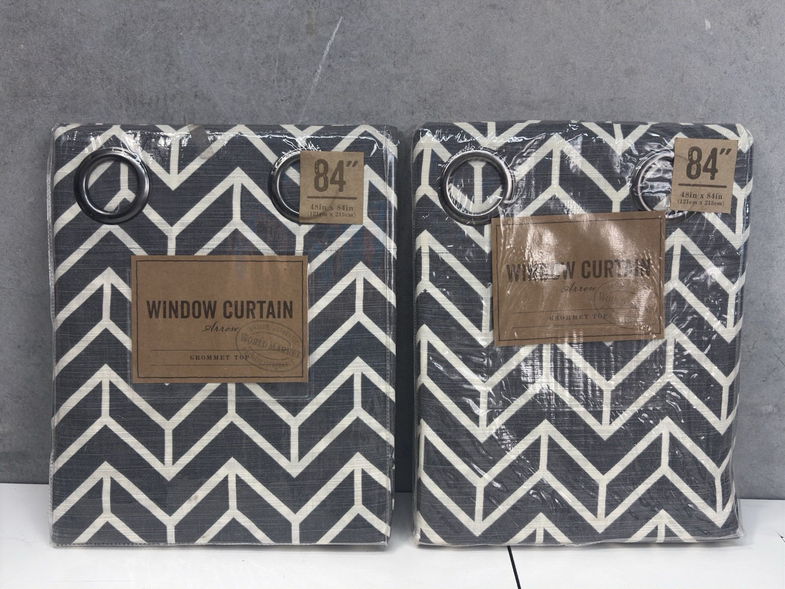 2 World Market Arrow Grommet Top Curtains 48×84 Charcoal Chevron NIP