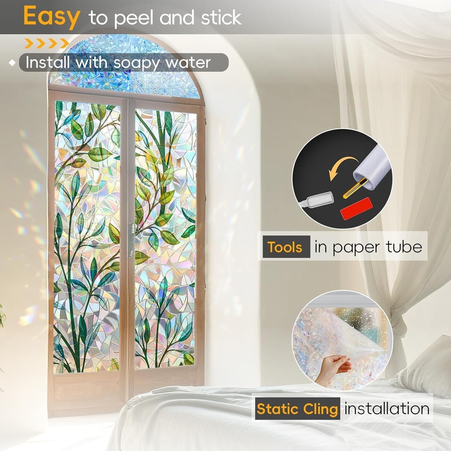Enchanting Rainbow Privacy Window Film – 3D Stained Glass Effect, 17.5″ x 78.74″