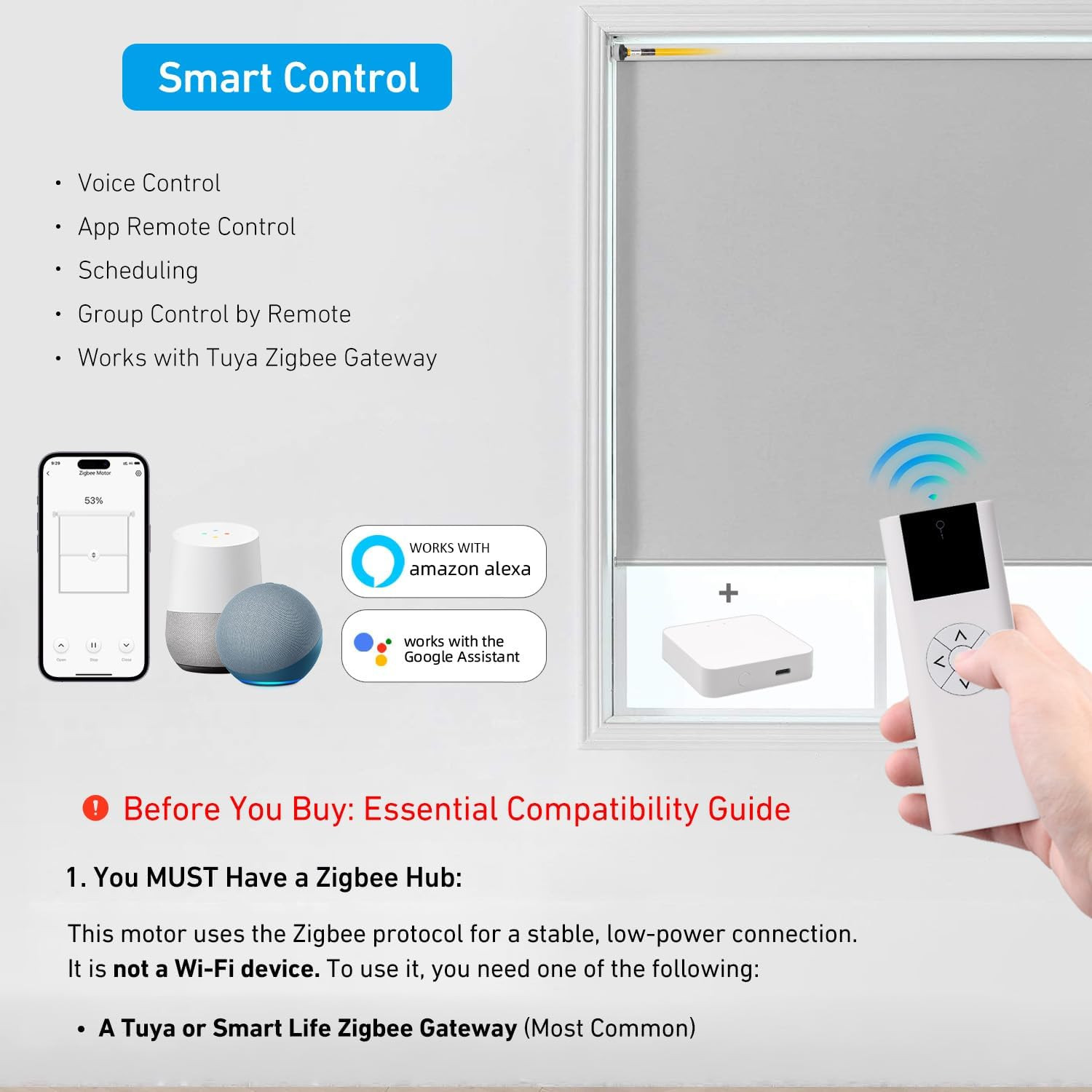 Zigbee Smart Roller Shade Motor – Rechargeable, Alexa & Google Home Compatible