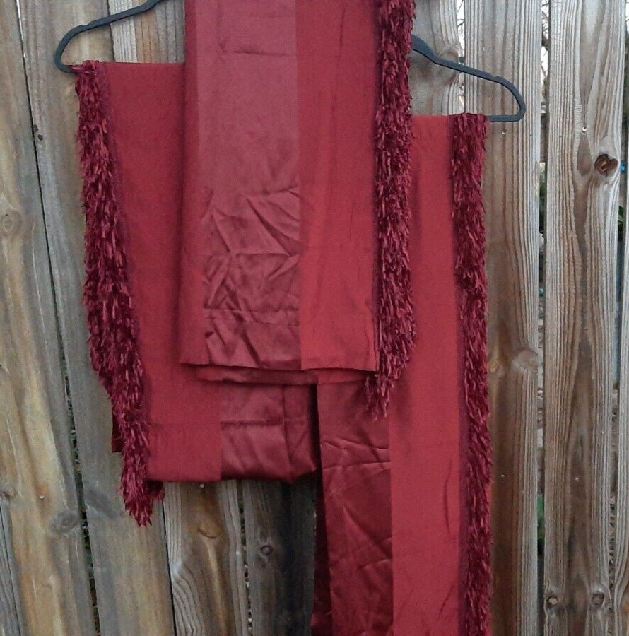 CHRIS MADDEN JCP RUST RED STRIPED CURTAIN PANELS , FRINGE TRIM ~ 3 PANELS Read
