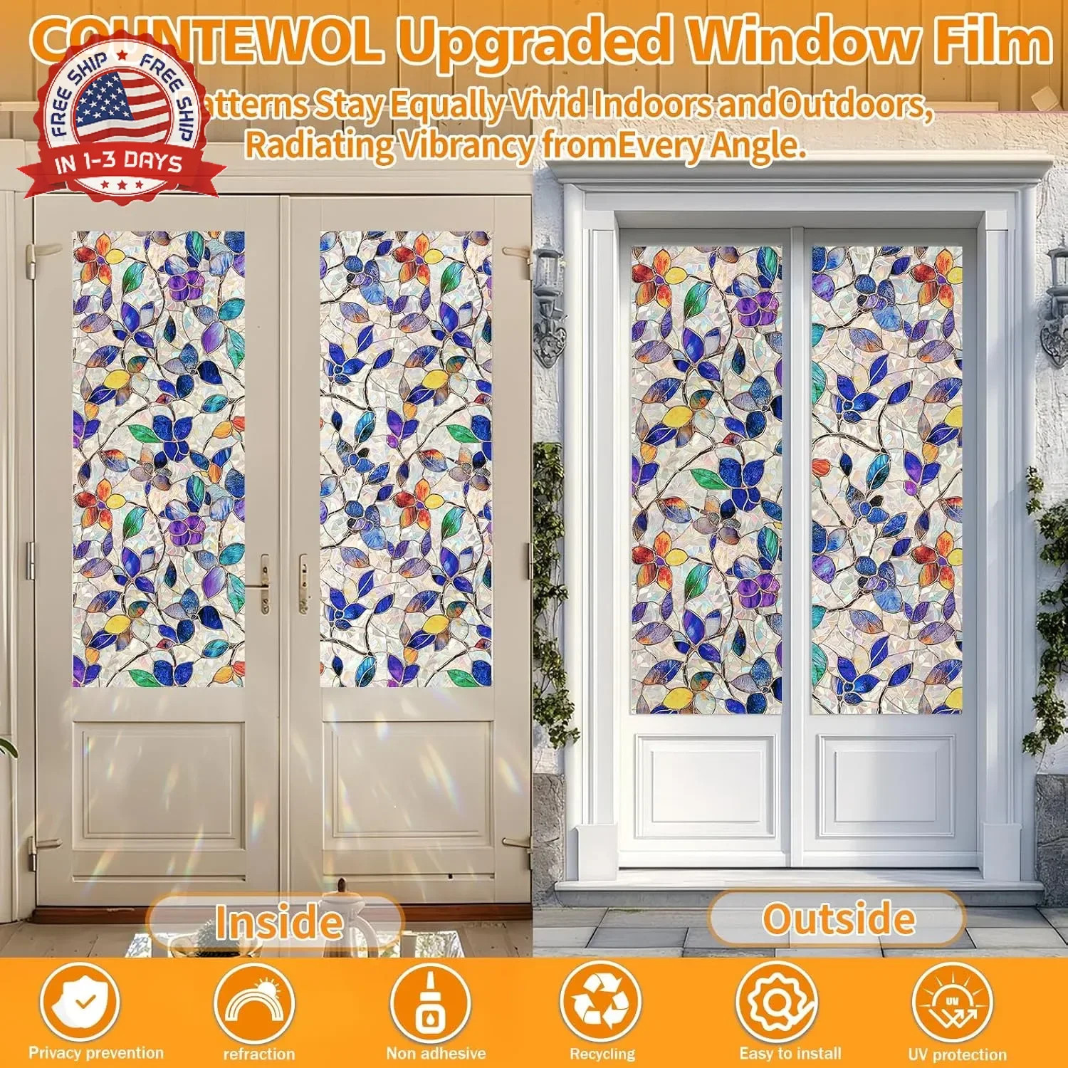 COUNTEWOL Window Privacy Film with Installation Tools Home Decorative Colored Gl