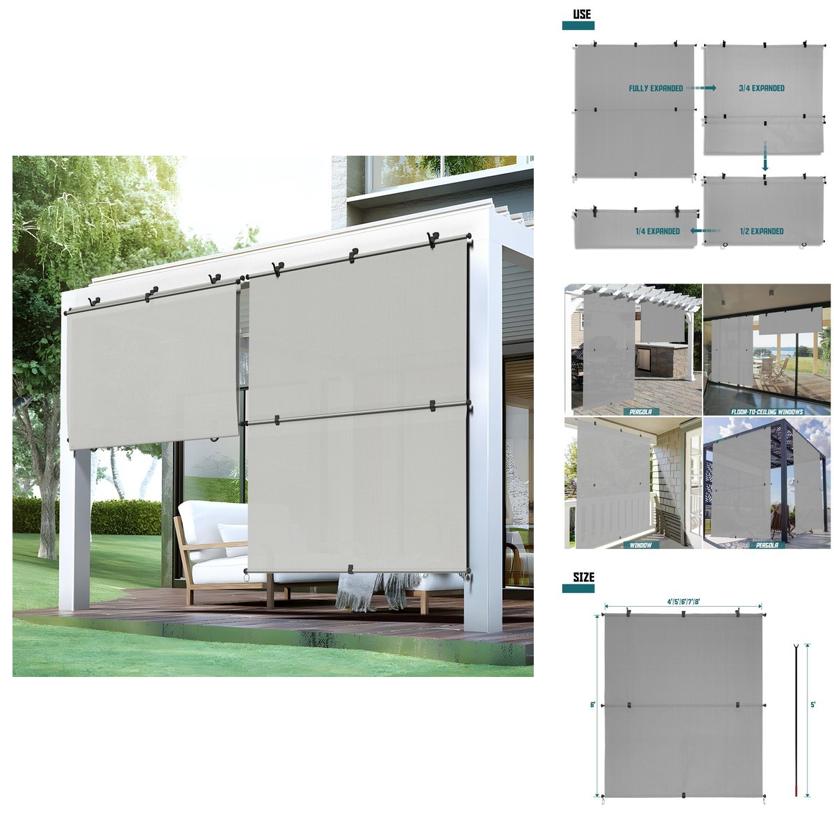 Bynbbur 8W X 6H Outdoor Patio Shades Foldable Roller Blinds 220 Gsm Sun Shade
