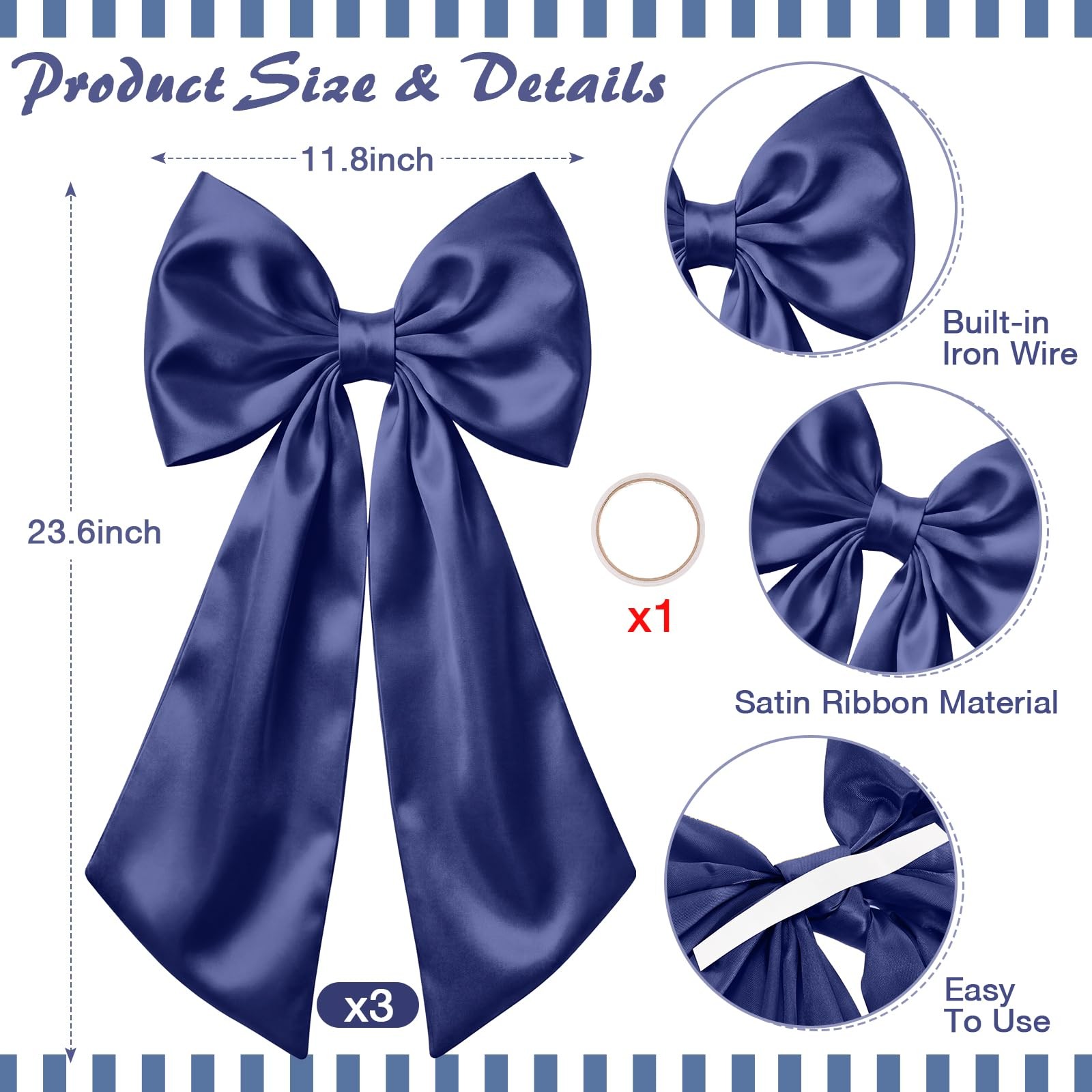 3 Pcs 2 FT Large Bow Decorations Big Satin Navy Blue Bows Hanging Wall Decors…