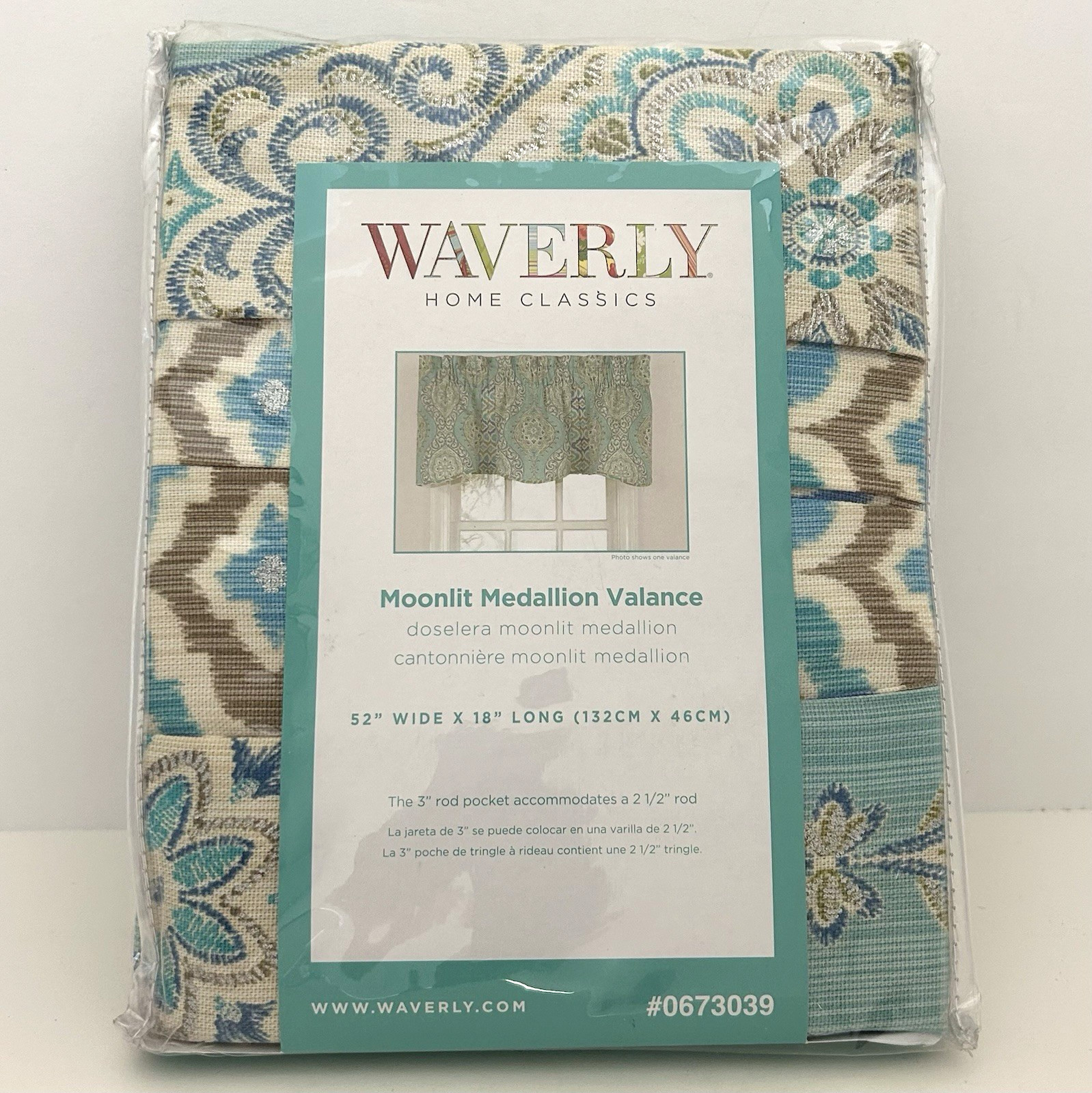 Waverly Moonlit Medallion Cotton Valance Boho Blue Silver Teal Tan 52″ x 18″ NEW