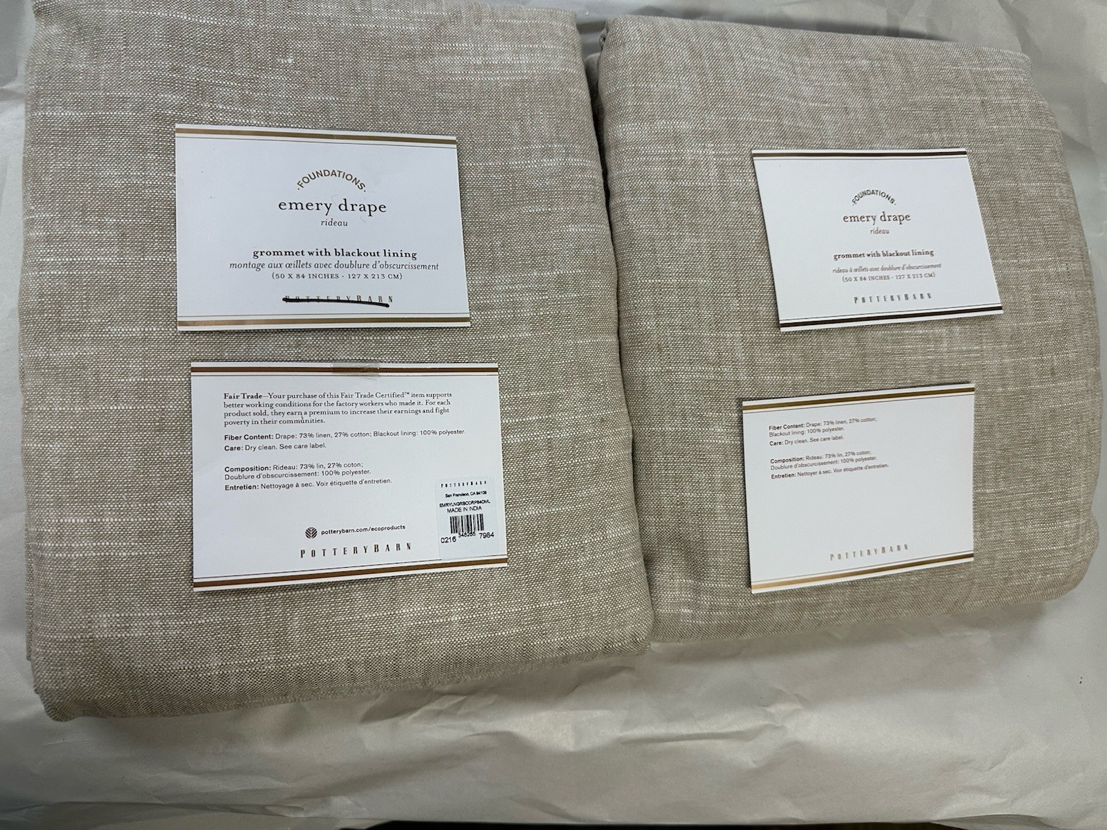 Pottery Barn EMERY Oatmeal Grommet Drapes 50×84″ blackout 2 panels