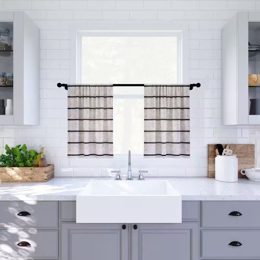 Aso Twill Stripe Linen Blend 52 In. W X 36 In. L Sheer Rod Pocket Kitchen Curtai