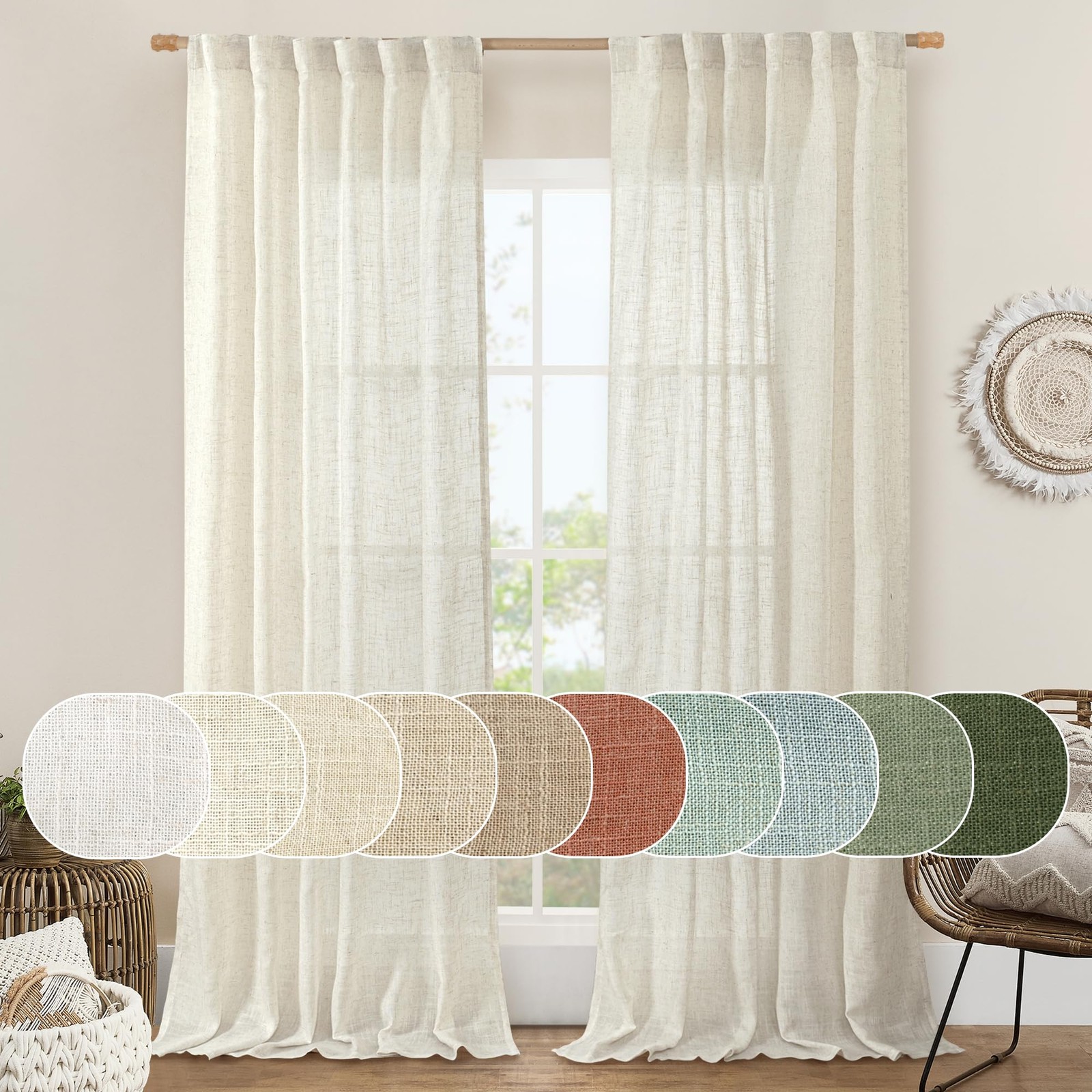 LAMIT Natural Ivory Semi Sheer Linen Curtains 84 inch Long Cream White Light