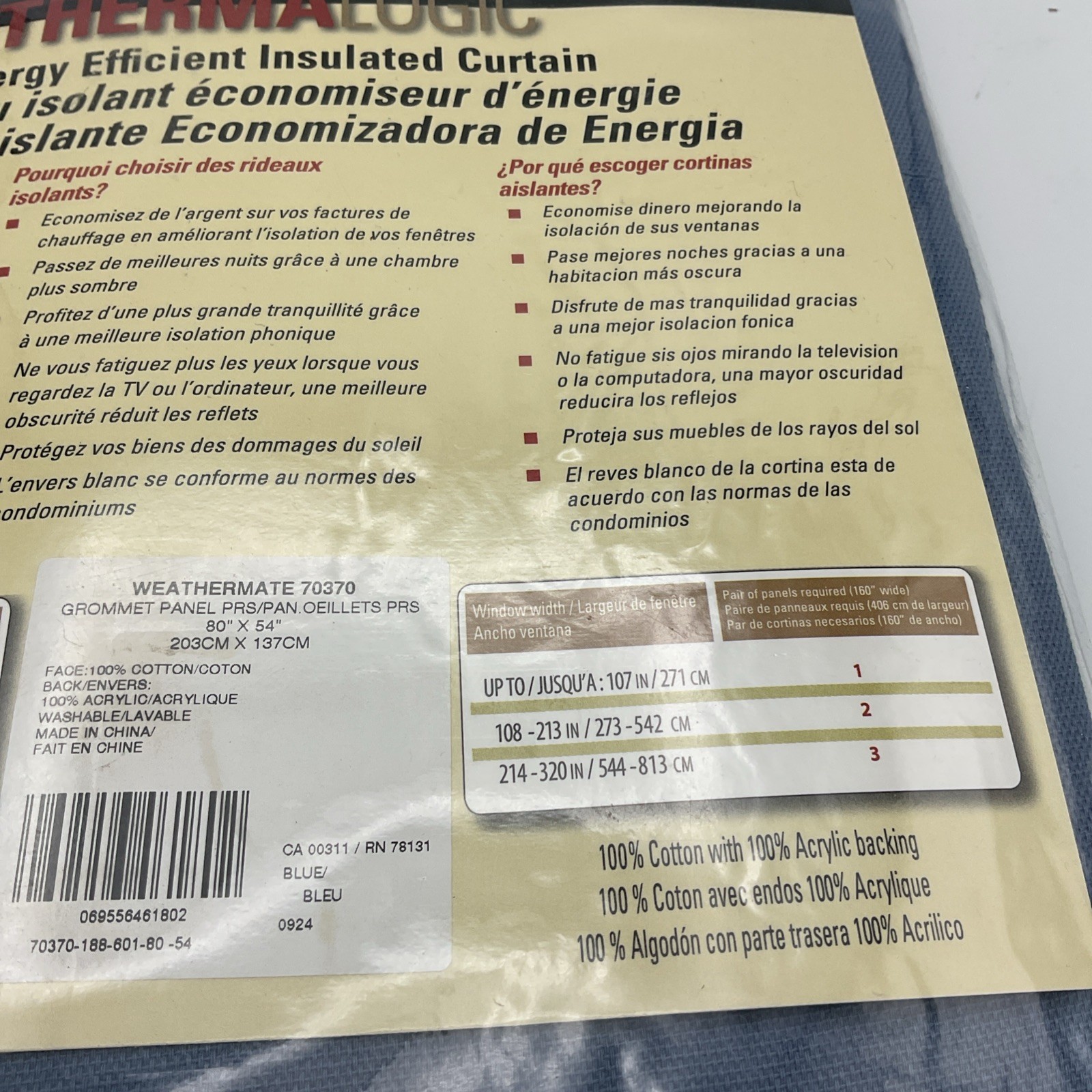 Therma Logic Grommet Set Of 2 Panel Curtain 40 x 54in Each Blue Blackout Cotton