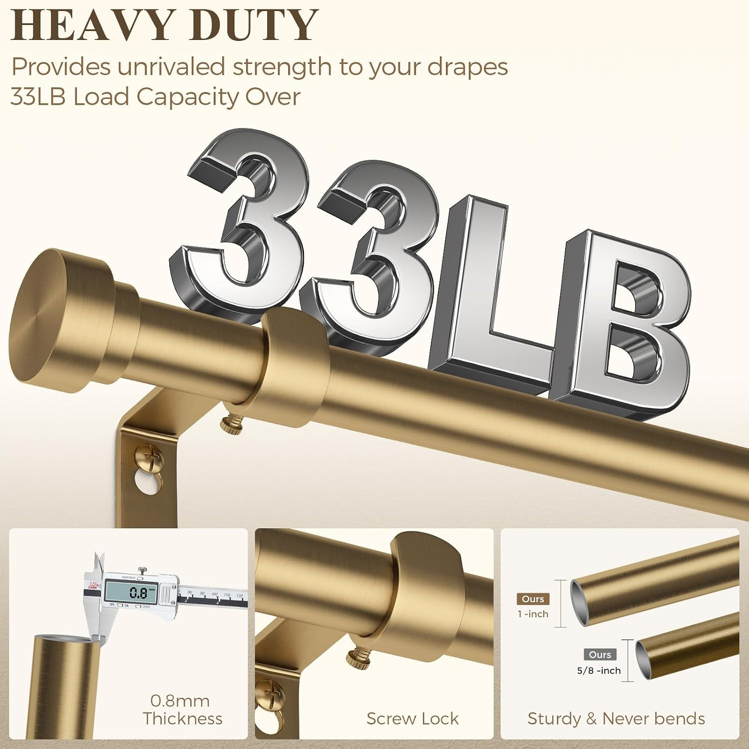 Hei!Dear Brass Gold Curtain Rods 36 to 88 Inch, Brushed Warm Gold 1″ Adjustable