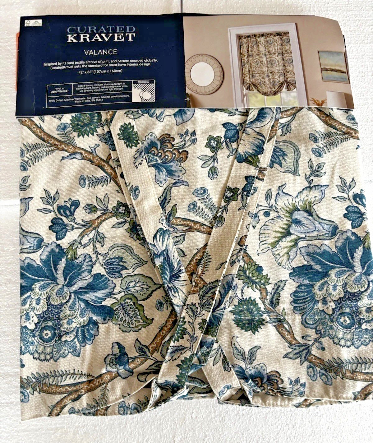 Curated Kravet Valance Cotton Jacobean Floral Blue 42” X 63” New