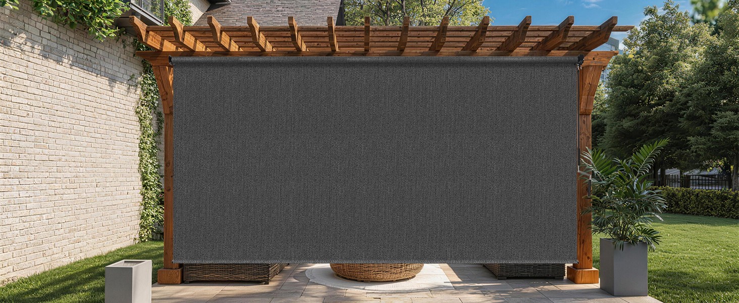 10’W x 8’H Gray Outdoor Roller Shade with Crank Wand Patio Shades Roll up,