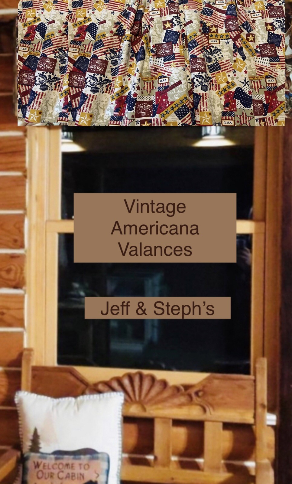 Americana Valance, USA Flag, Vintage Look, Window Curtain Valance 42”W 14”L