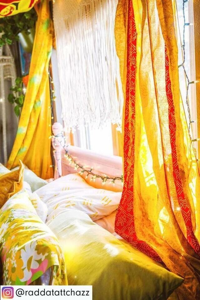 2 Pc Indian Sari Patchwork Curtain Drape Window Decor Yellow Silk Sari Curtain