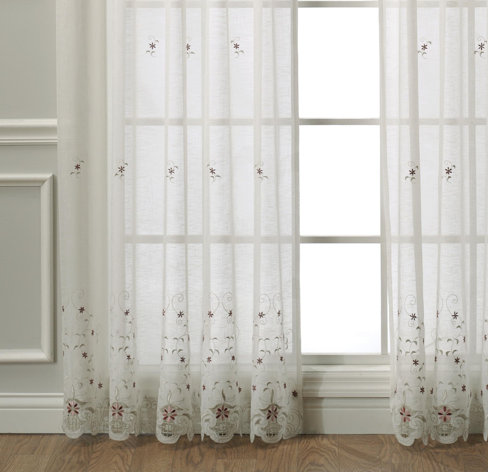 , Sunshine Semi Sheer Embroidery Panel 84″, Ecru/Burgundy, 60″ W x 84″ L