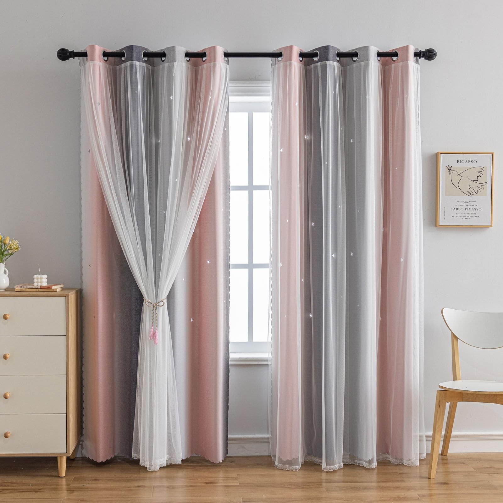 Conokata Star Girl And Kids Curtains For Bedroom Rainbow Ombre Double Layer