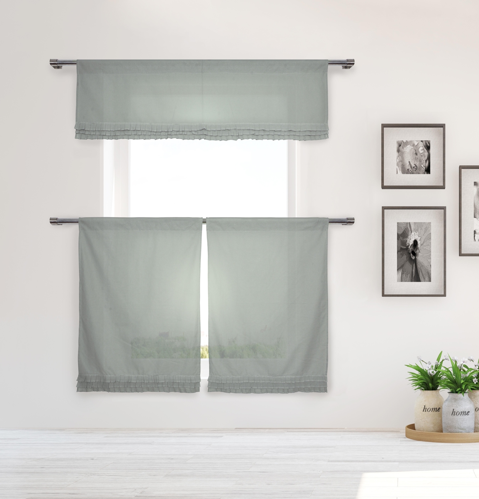 Cotton Shabby Chic Gray 3 Pc Curtain Set Gray Pleated Ruffles Valance, 36″ Tiers