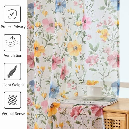 Floral Sheer Valances for Windows – Pink 42″W x 14″L (Pack of 2) Multi Color
