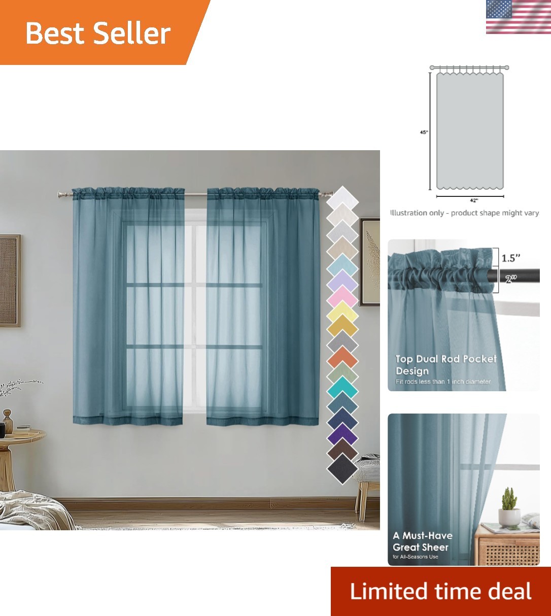 2-Pack Dusty Blue Sheer Curtains 42W x 45L – Perfect for Bedrooms & Living Rooms