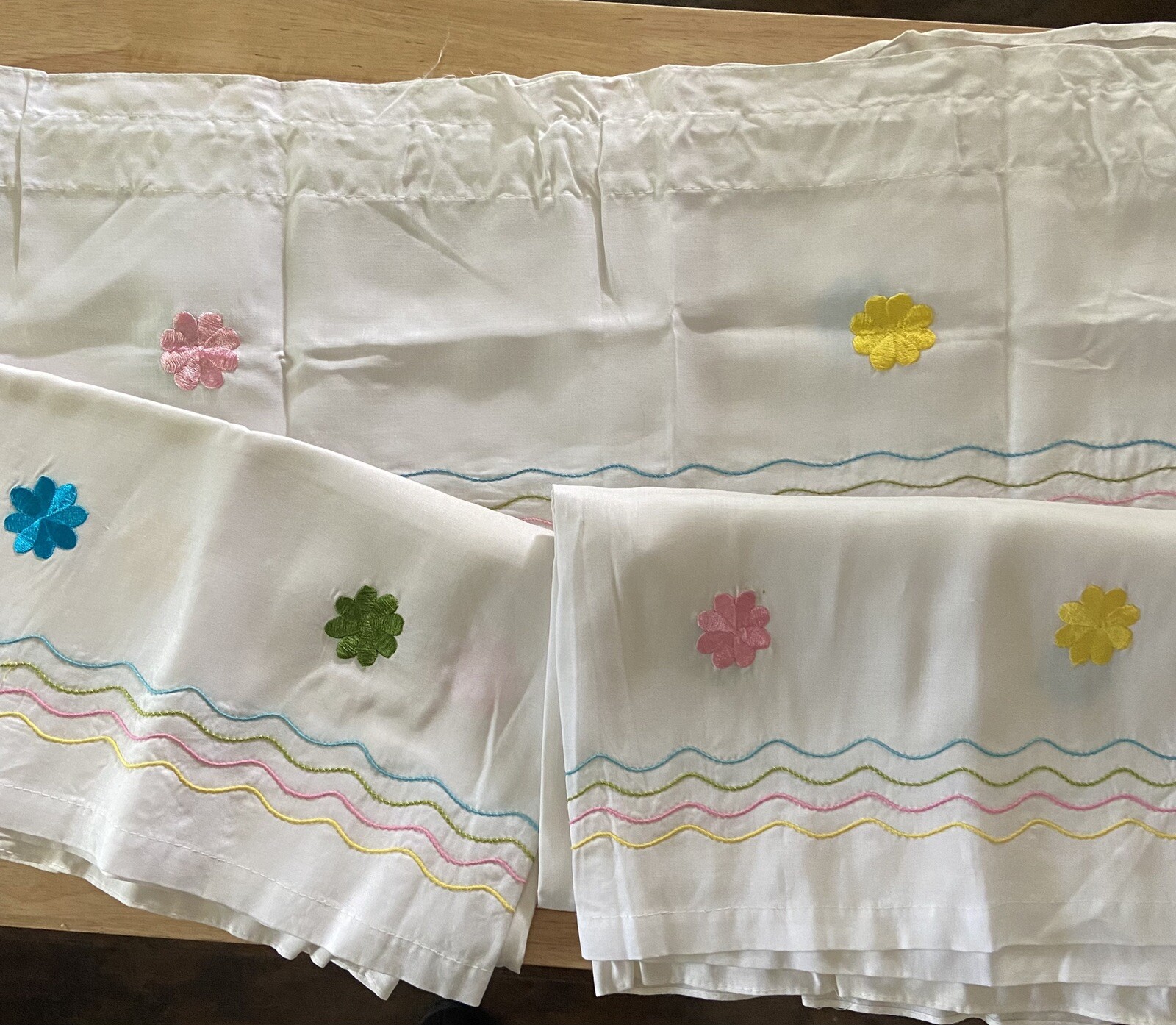 Vintage White Curtains W/Valence Embroidered Multi Colored Floral Design vg