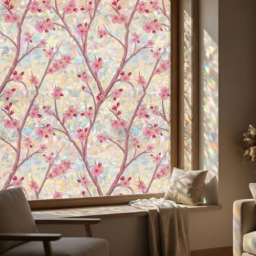 Stained Glass Window Film Privacy Static Cling Cherry Blossom 78.7 x 17.5 Inch