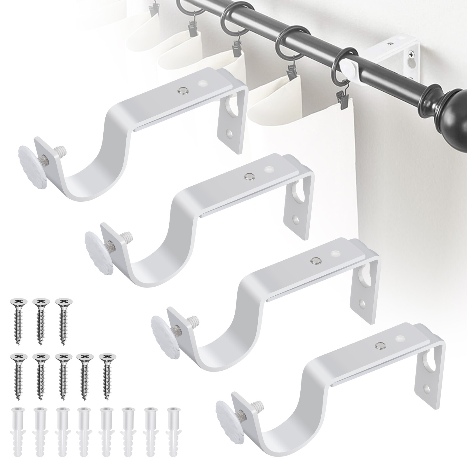 4PCS White Adjustable Curtain Rod Brackets Fit 1″-1.2″ Rods w/Screws & Anchors