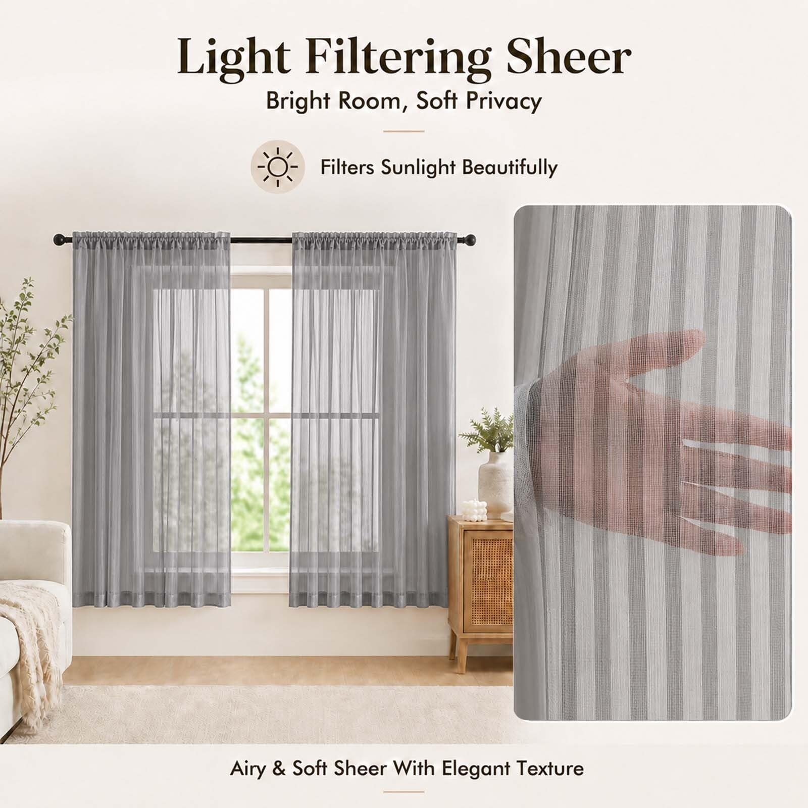 Charcoal Grey Sheer Curtains 63 Inch Length – Striped Design Soft Airy Light …