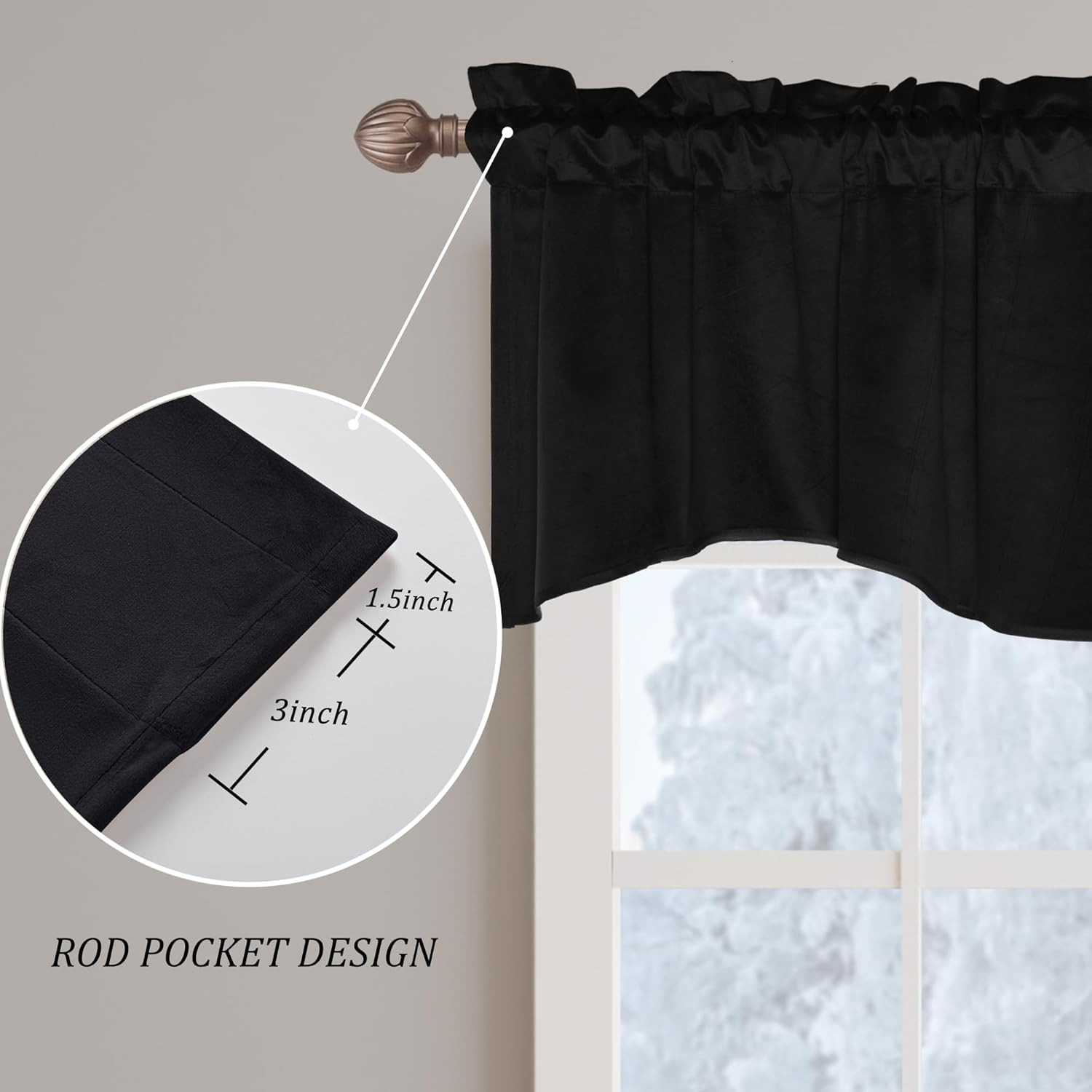 Black Valance for Windows – Kitchen, Living Room, Bedroom Curtains, Scalloped Wi