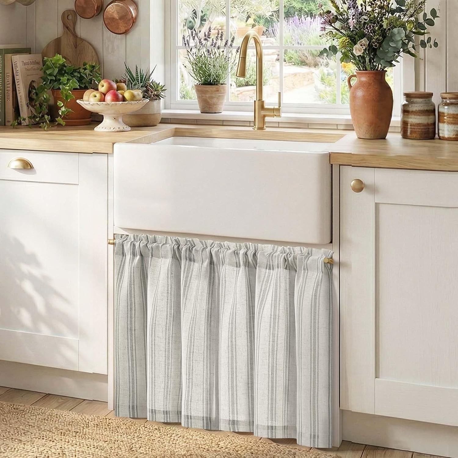 Gray Striped Linen Kitchen Curtains 24 Inch Cafe Tier Curtains Balanced Strip…