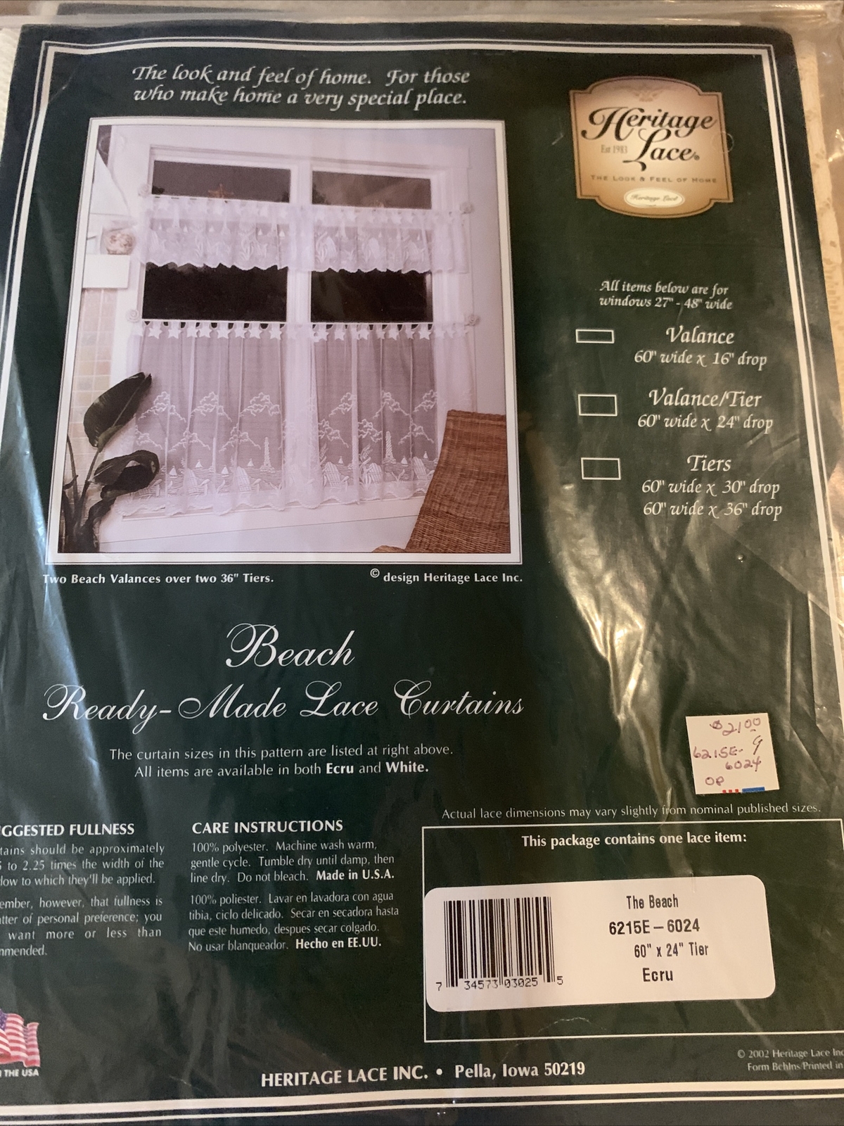 HERITAGE LACE CURTAINS BEACH 60″ X 24″ TIER ECRU (BEIGE) NEW MADE IN THE USA