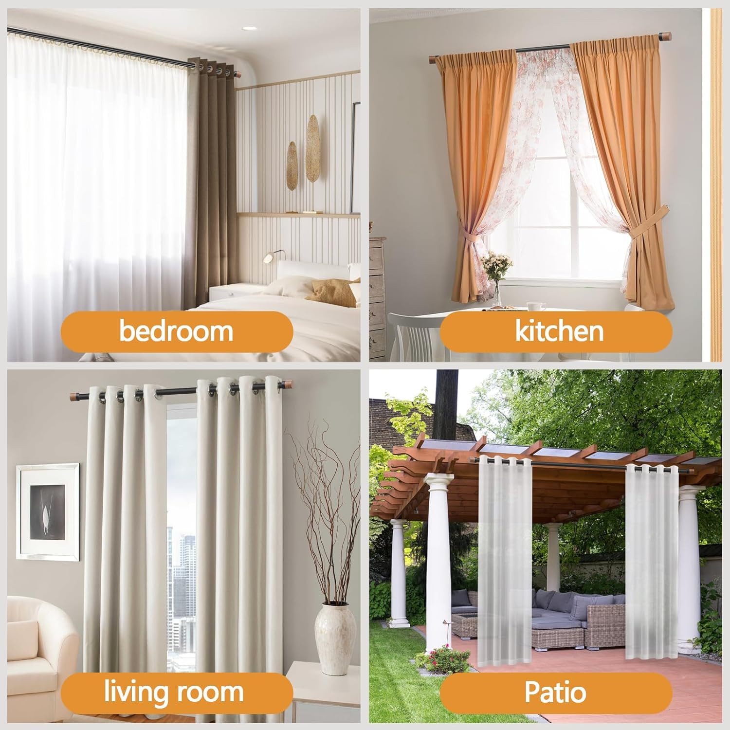 Wood Curtain Rods for Windows 48 to 84 Inches(4-7Ft),1 Inch Adjustable Window Cu