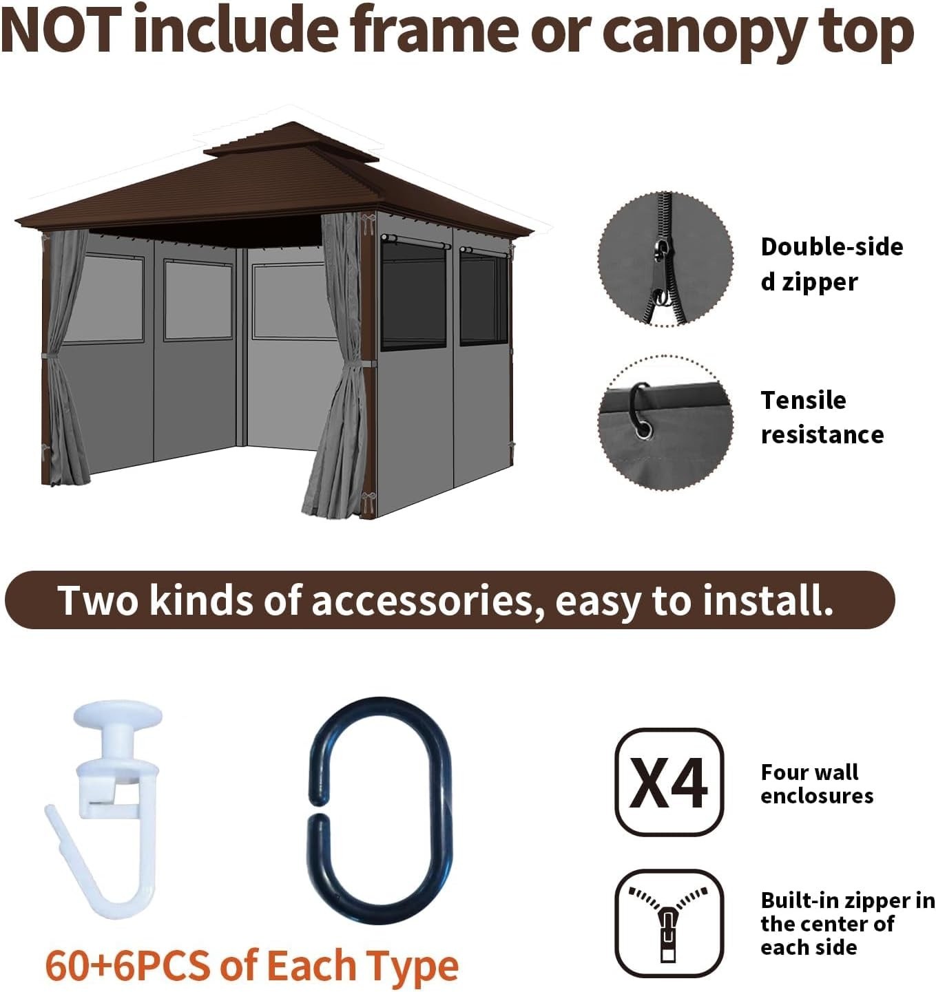 Universal 12’x12′ Waterproof Gazebo Privacy Curtains with Zipper & Mesh Windows