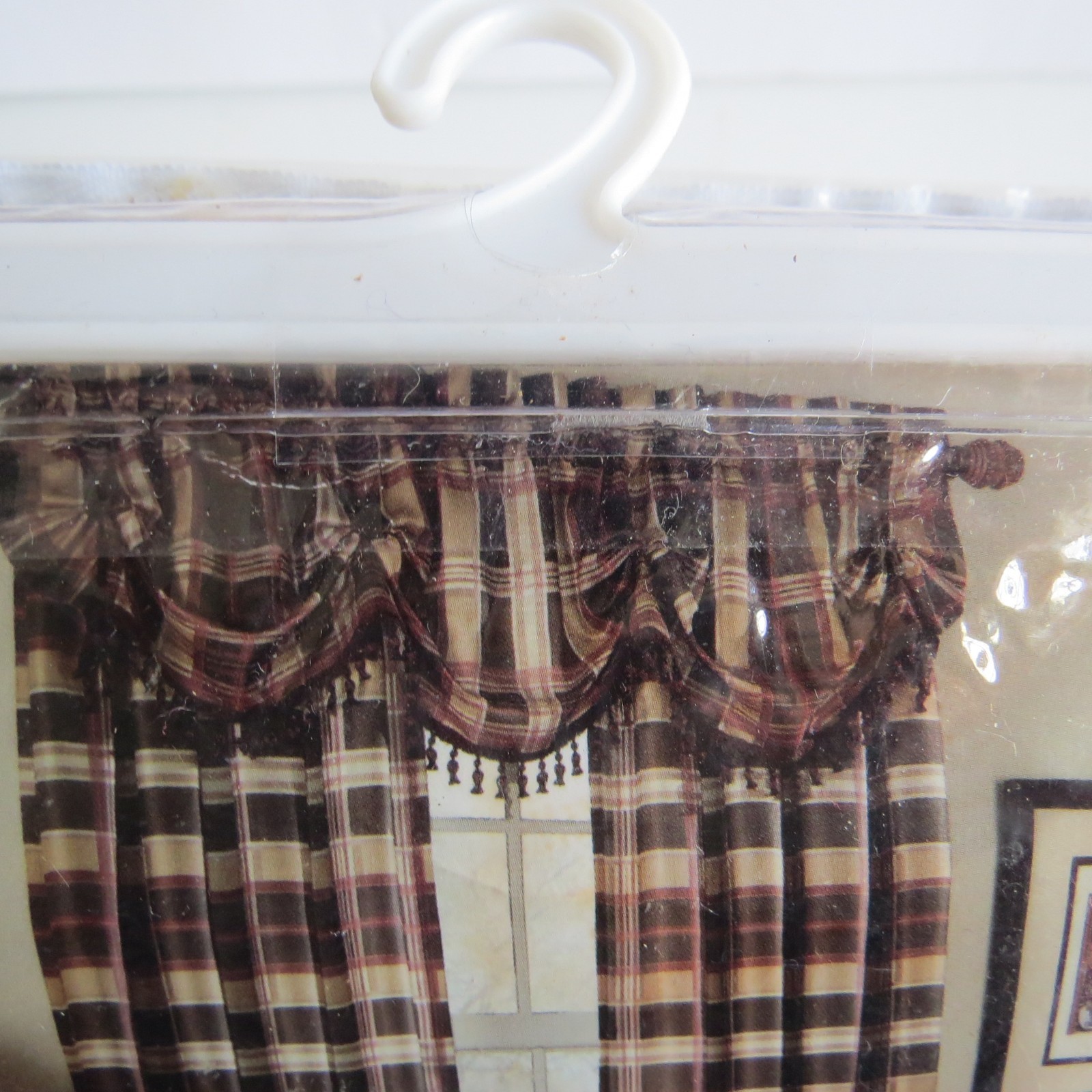 NEW Brown Plaid Pleated Scalloped Swag Valance with fringe
