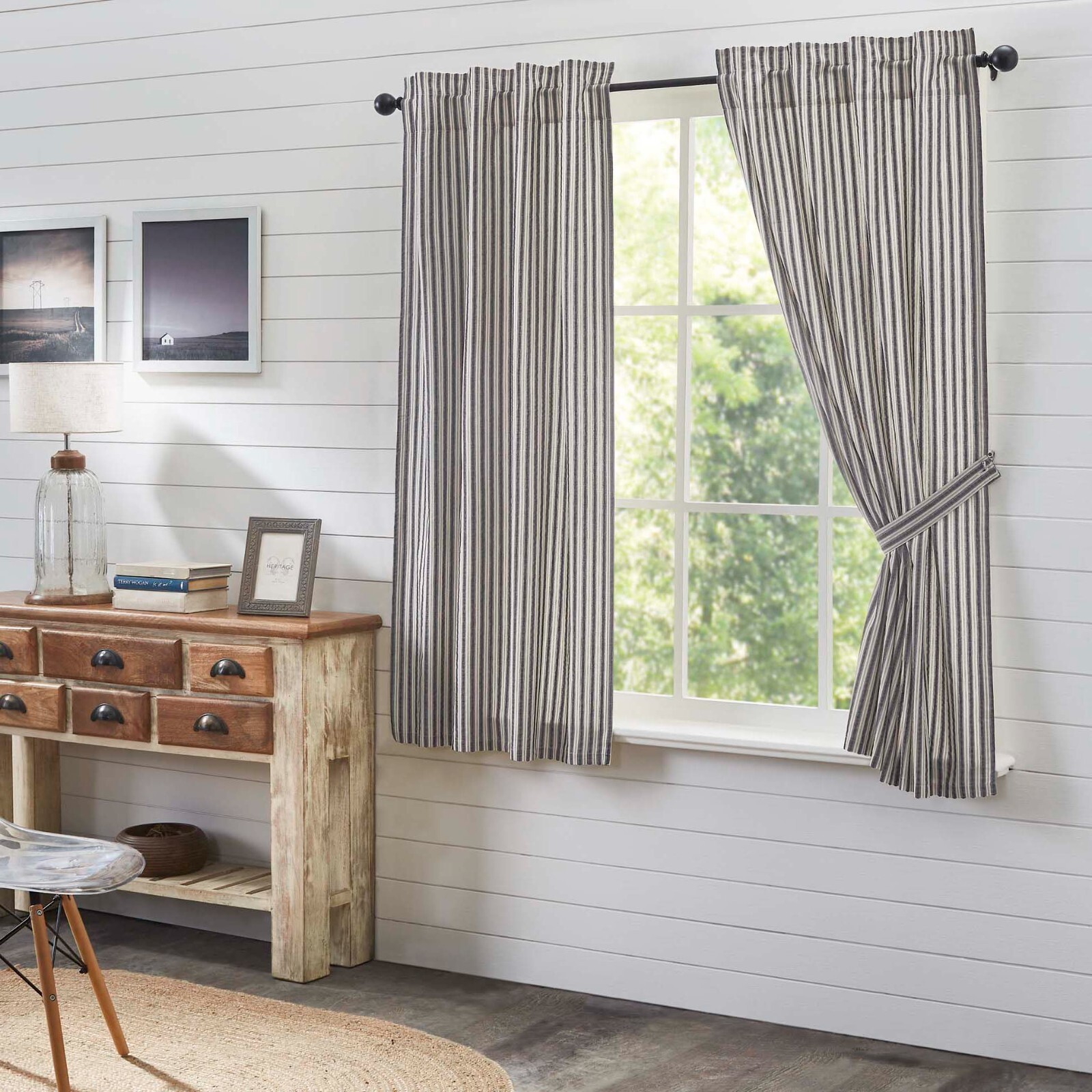 Ashmont Ticking Stripe SHORT PANEL SET CURTAIN 63″ Country Charcoal Grey Vintage