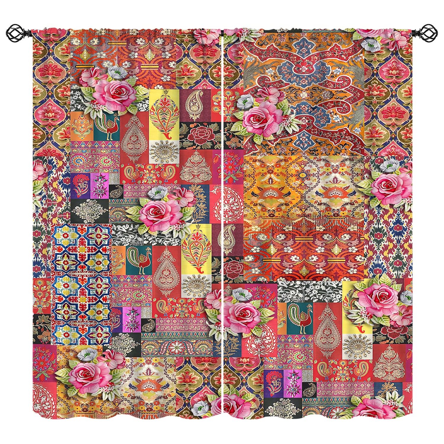 Colorful Floral Curtains, Vintage Boho Flower Patchwork Print Window Curtain …