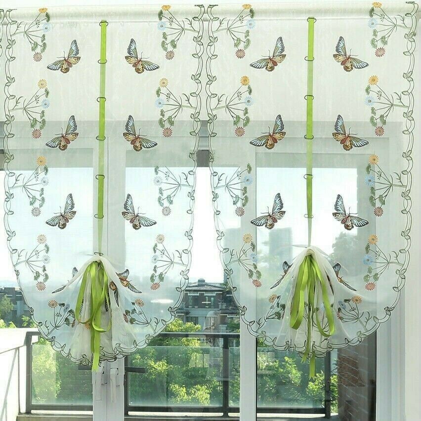 Sheer Window Curtain Tulle Blind Butterfly Embroidery Kitchen Balcony Home Decor