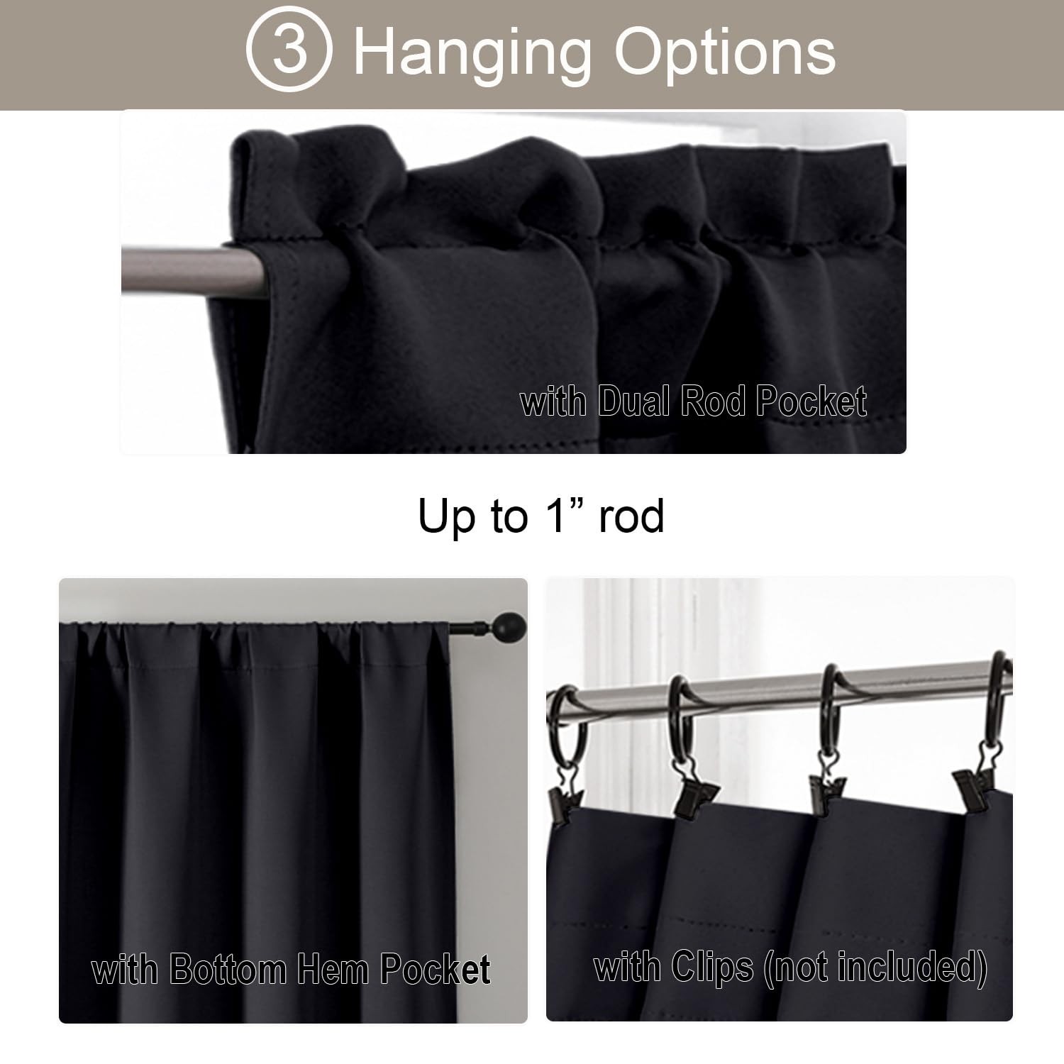 24 Inch Long Tier Curtains for Small Window, 30″W x 24″L (Pack of 2) Black