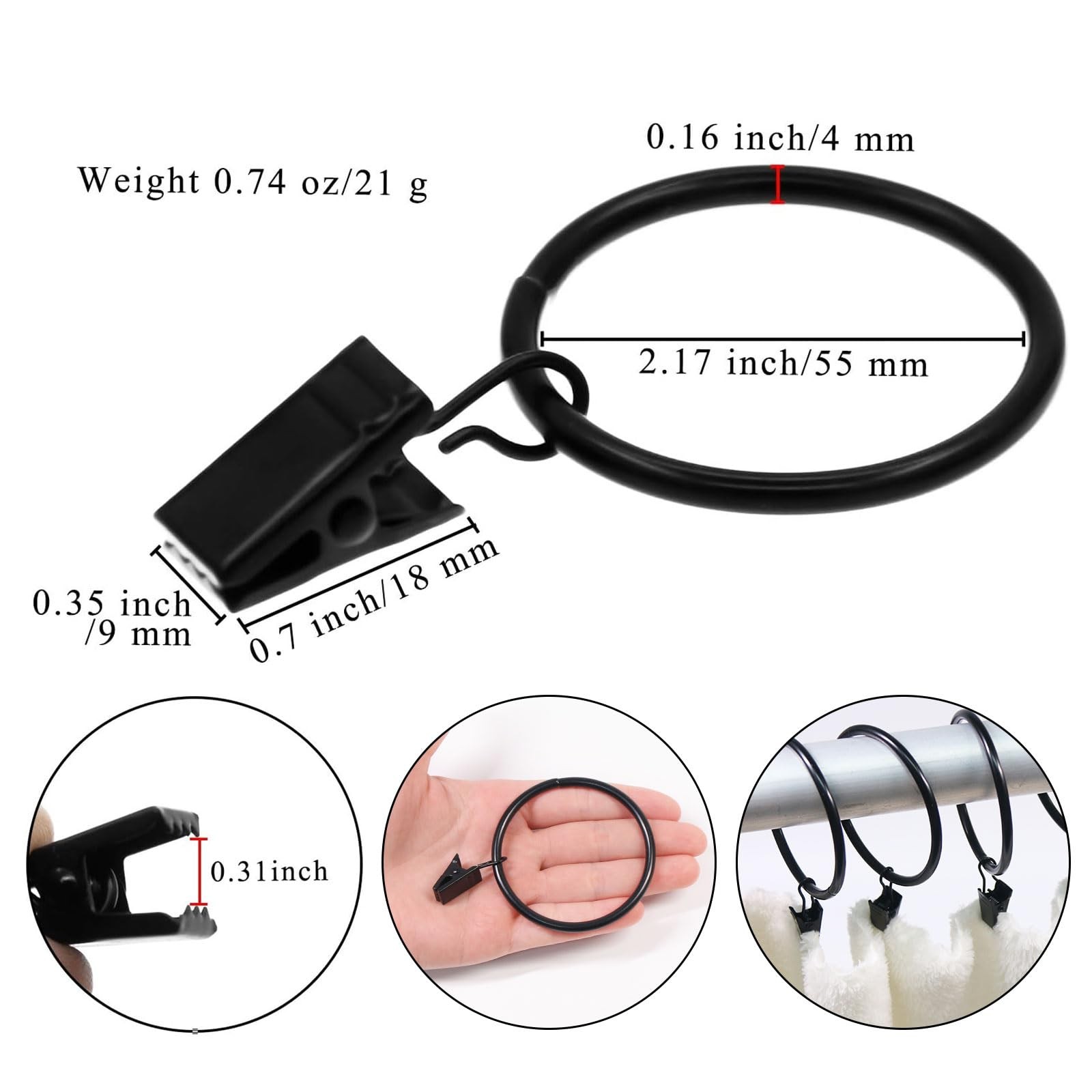 Large Curtain Rings with Clips 10 Pack 2.5 Inch Rustproof Metal Black