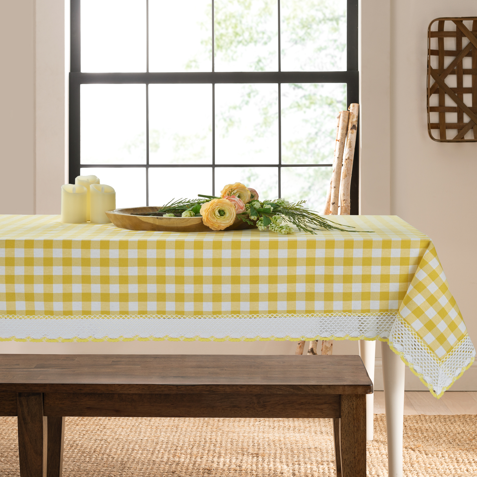 Yellow Checked Plaid Cotton Dining Table Cloth Cover for Dining Room, Kitchen