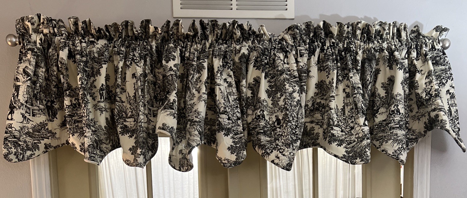 1 French Country Toile Black and White Window Valances 100% Cotton Lined 70×18”