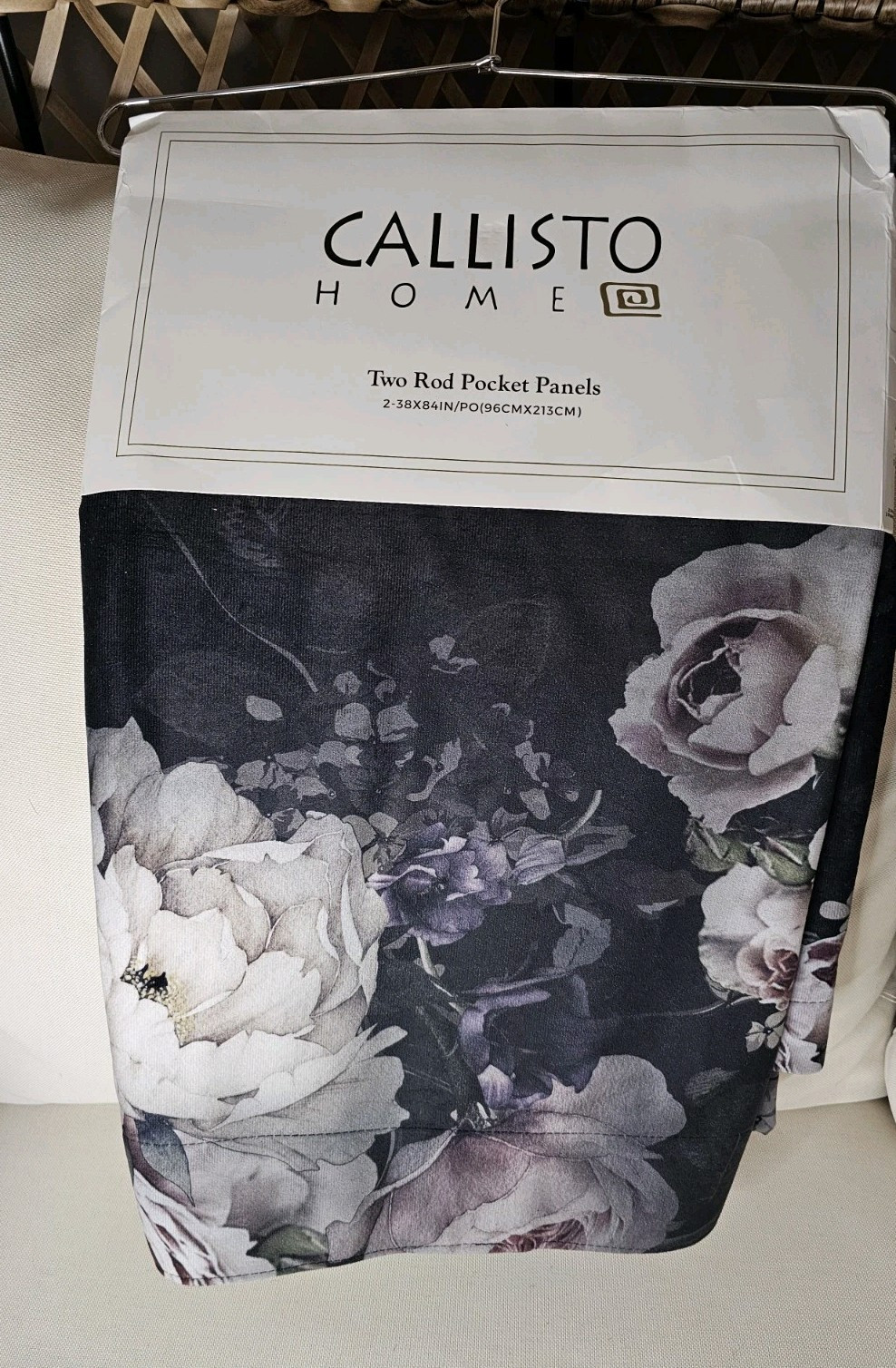 Callisto Home Blush Rose Floral Black Curtains 38″x 84 Rod Pocket Window Panels