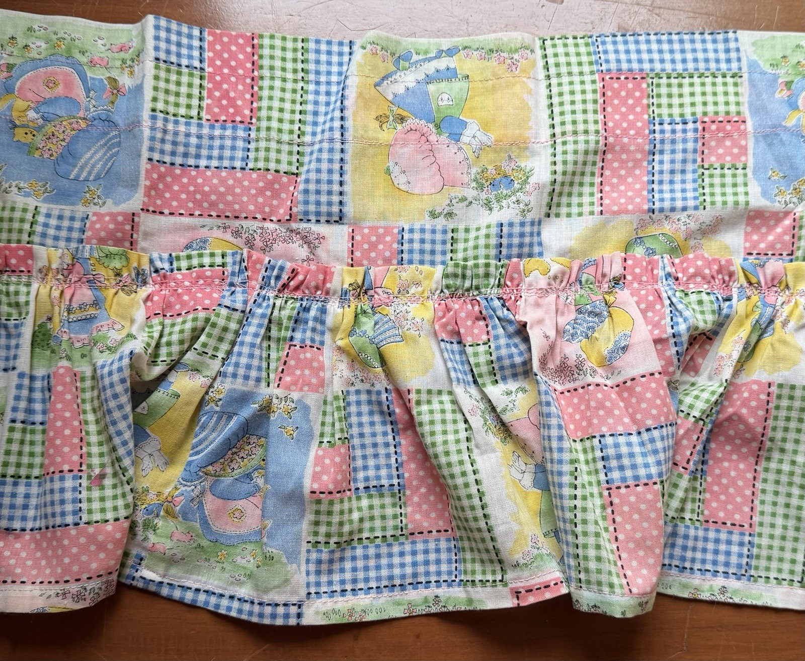 Vintage Handmade Holly Hobbie Patchwork Ruffled Window Valances Pair 63×11”