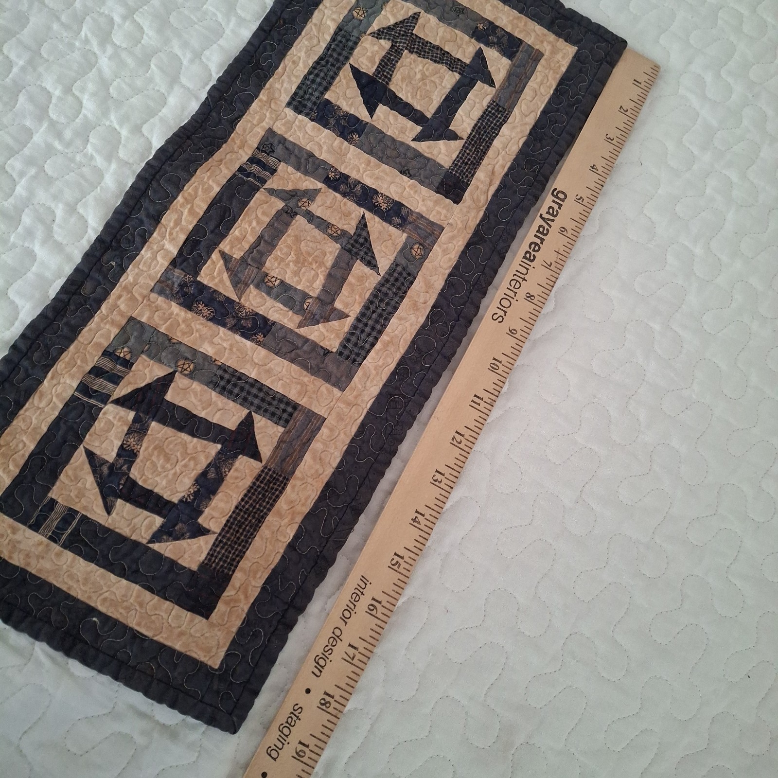 Handmade Quilted wall hanging Table Runner cottagecore navy Tan 19×8″ Patchwork
