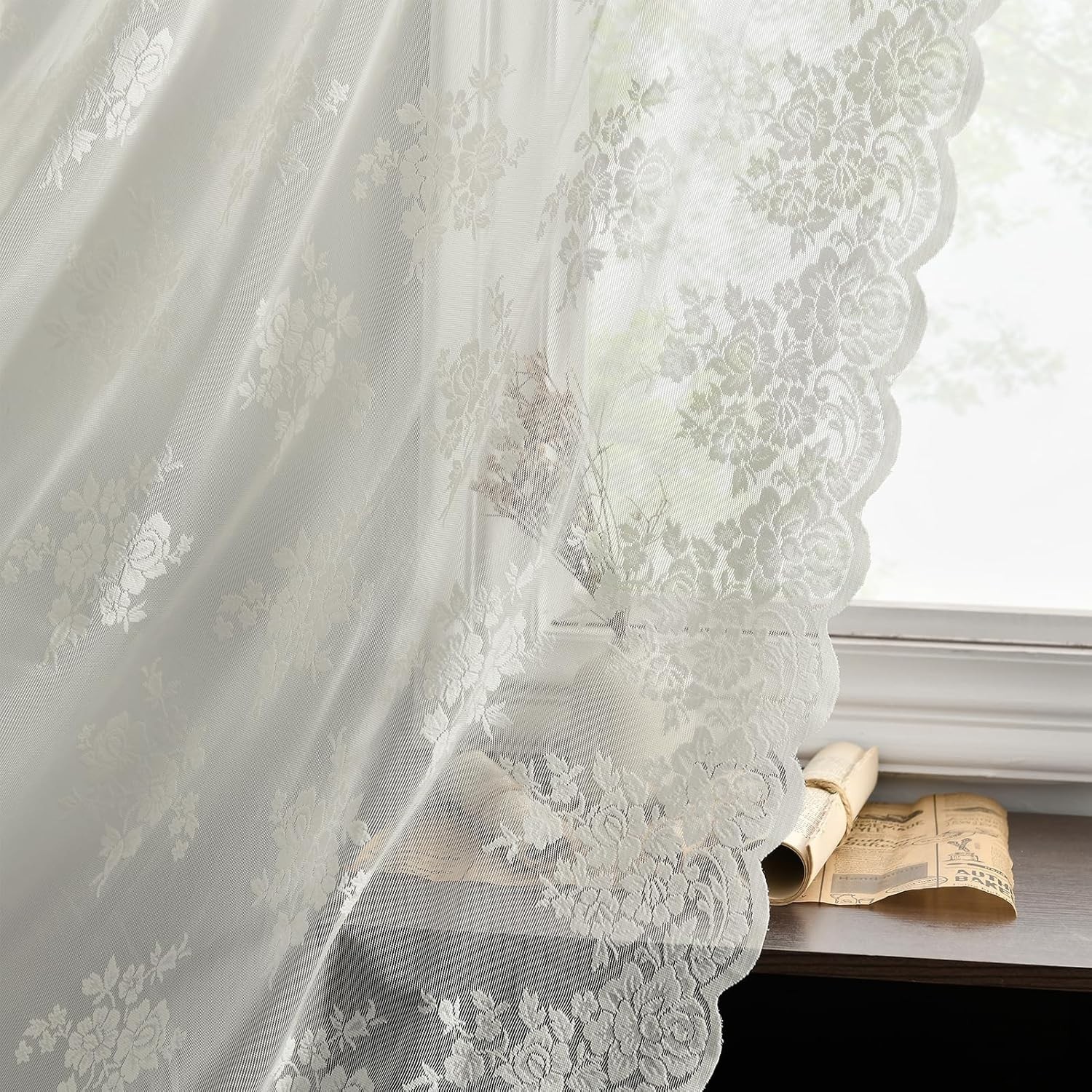 White Lace Curtains 72 Inches Long 2 Panels, Country Rustic Floral Design She…