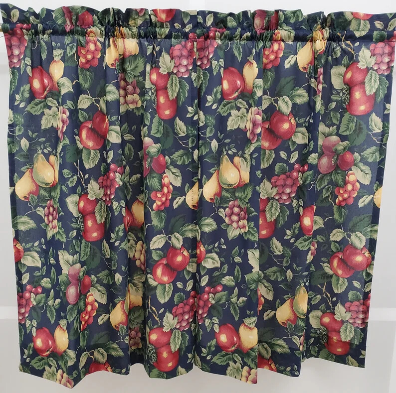 VINTAGE Sonoma Classic Fruit Print Curtain Navy Blue Background Valance or Tiers